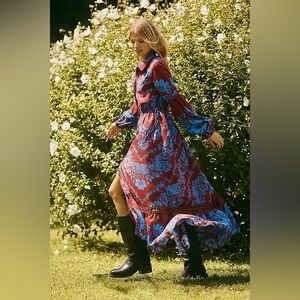 Anthropologie Boho Floral Maxi Shirt Dress NWT M Petite Flowy Cottagecore HTF